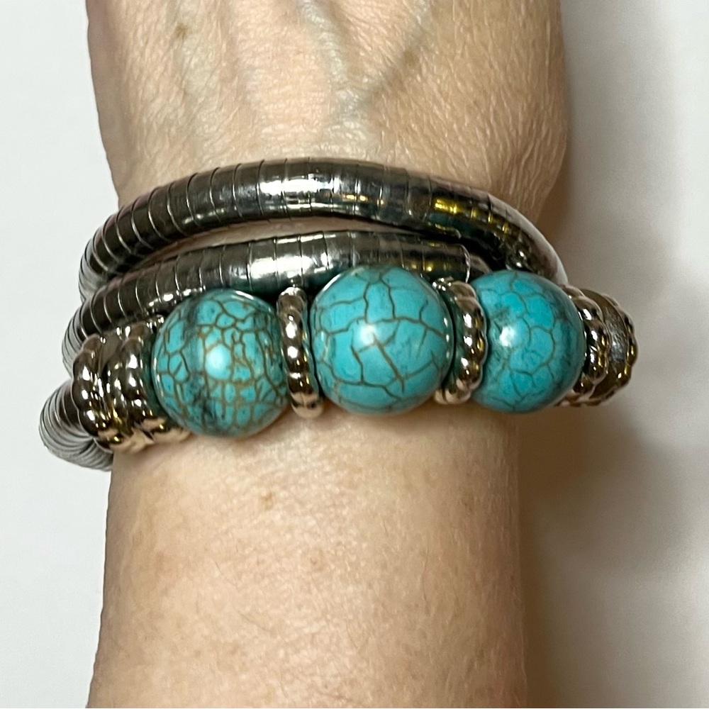 Turquoise Gemstone Silver Coil Bracelet OS one size fits all jewelry Native
